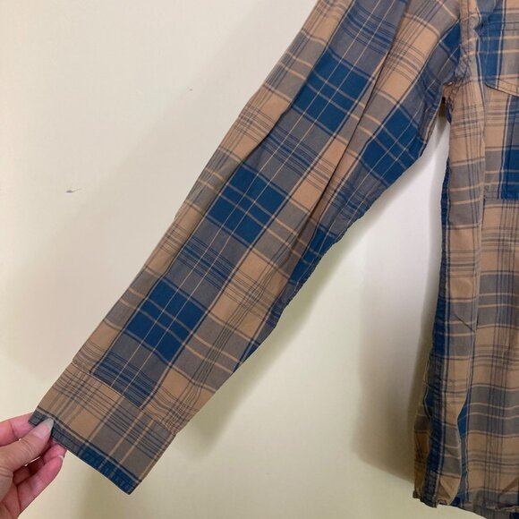 Filson Shirt Mens Small Navy Blue Tan Plaid Long Sleeve Gorpcore - Picture 5 of 8